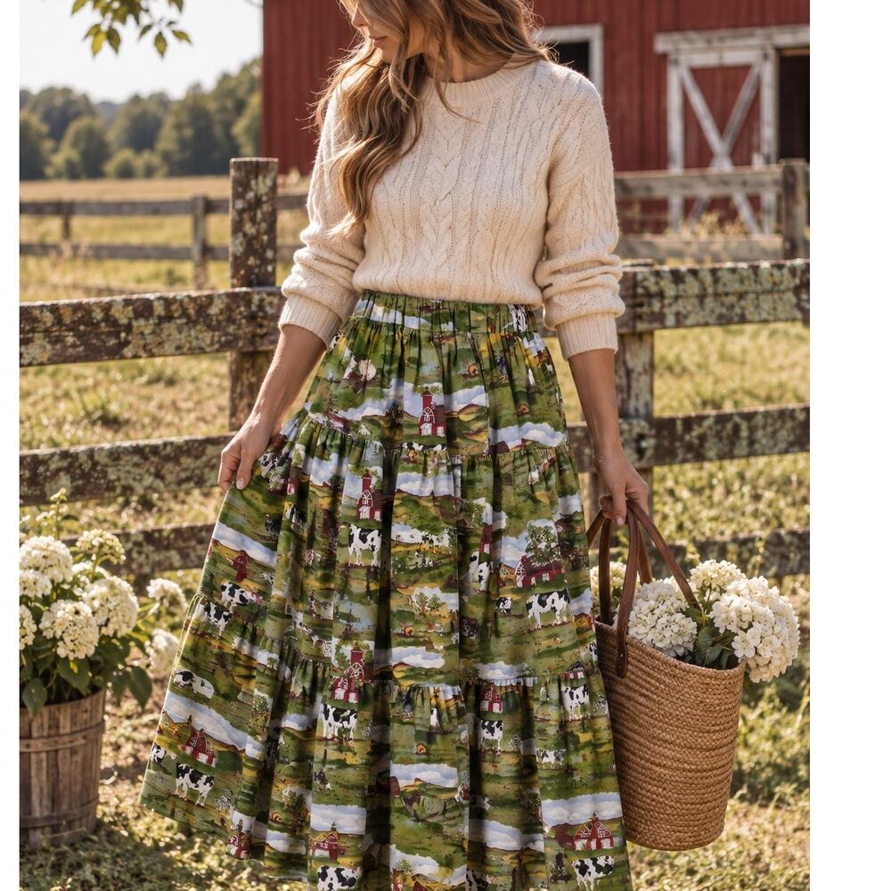 Vintage Broom Skirts Cow Farm Novelty Print Tiered Prairie Skirt